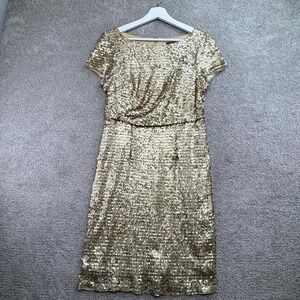 Adrianna Papell Cocktail Dress Women 12P Golden Nylon Sequin Cap Sleeve Cocktail